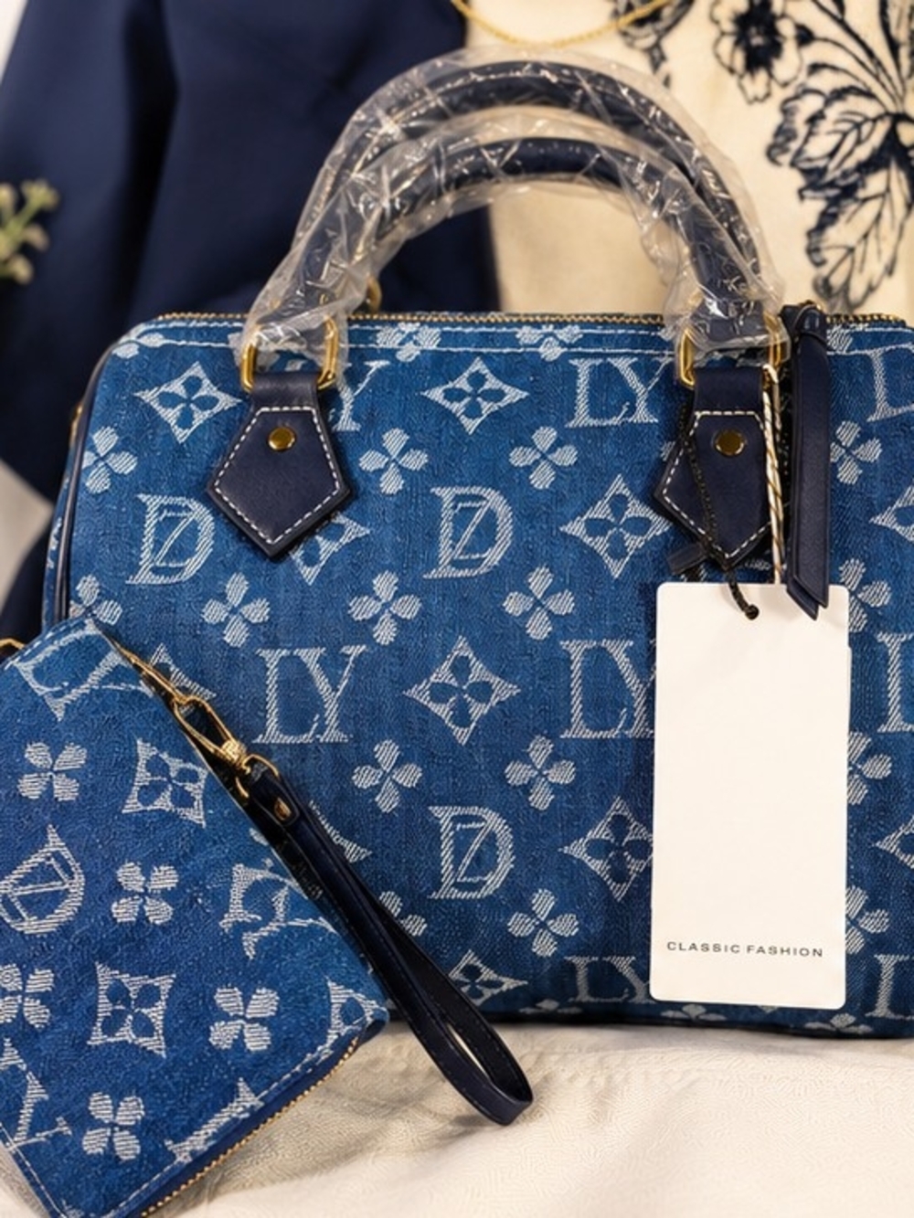 Classic Fashion Denim Monogram Satchel Bag & Wristlet Wallet NWT